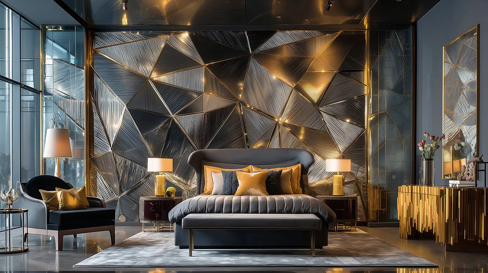 Luxury Art Deco bedroom by Manon Ghiurco with black and gold geometric wall design and velvet bed