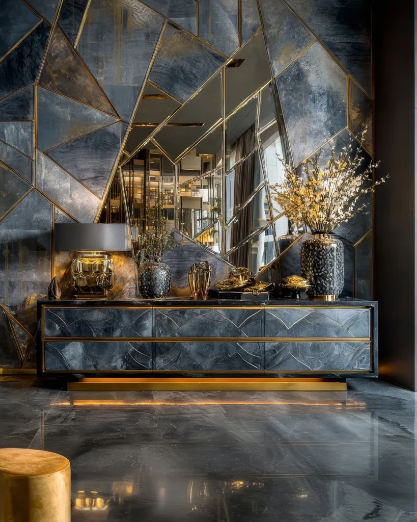 Luxury Art Deco console table with geometric mirror, gold accents and elegant decorative styling