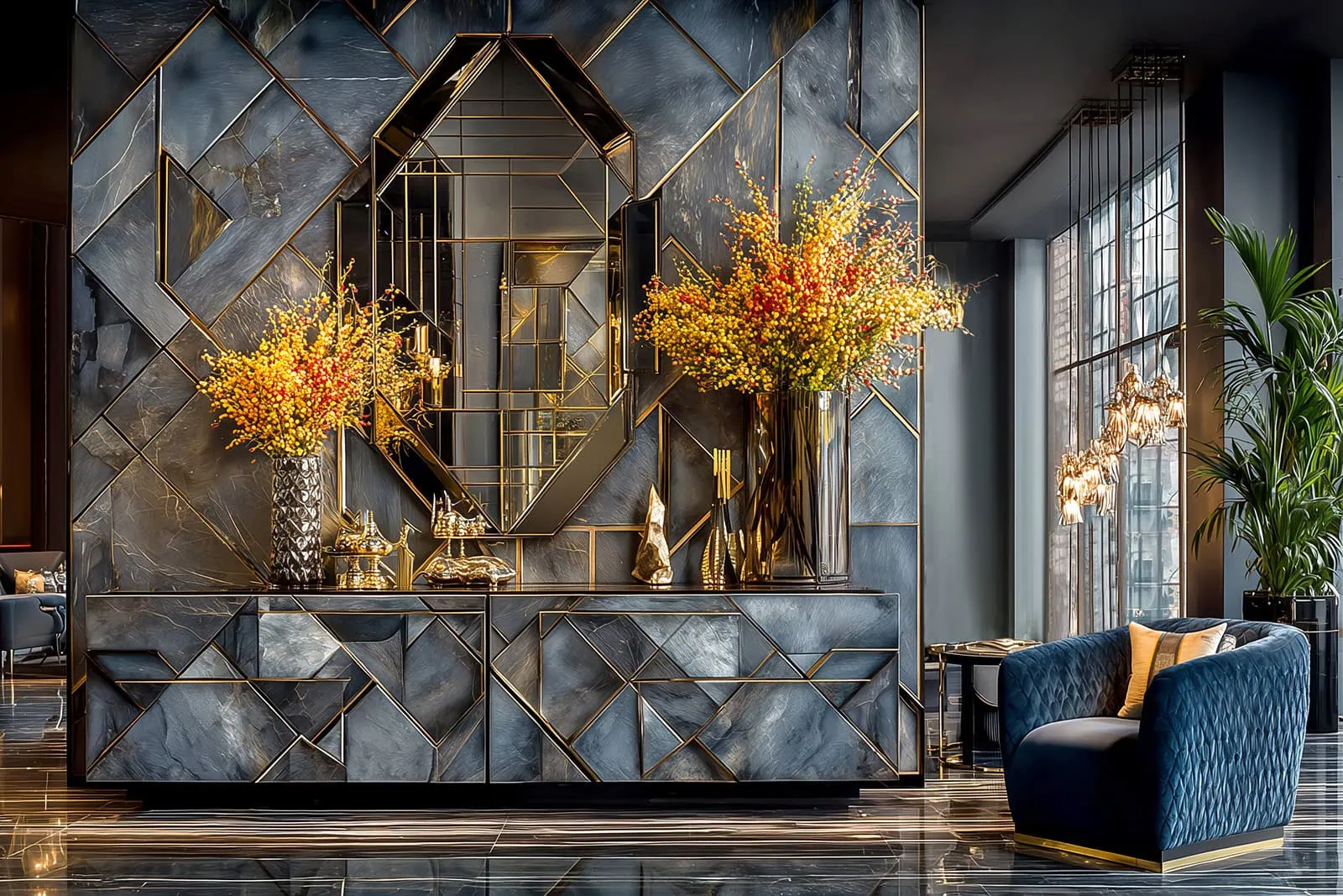 Art Deco luxury entryway with black and gold geometric wall panels