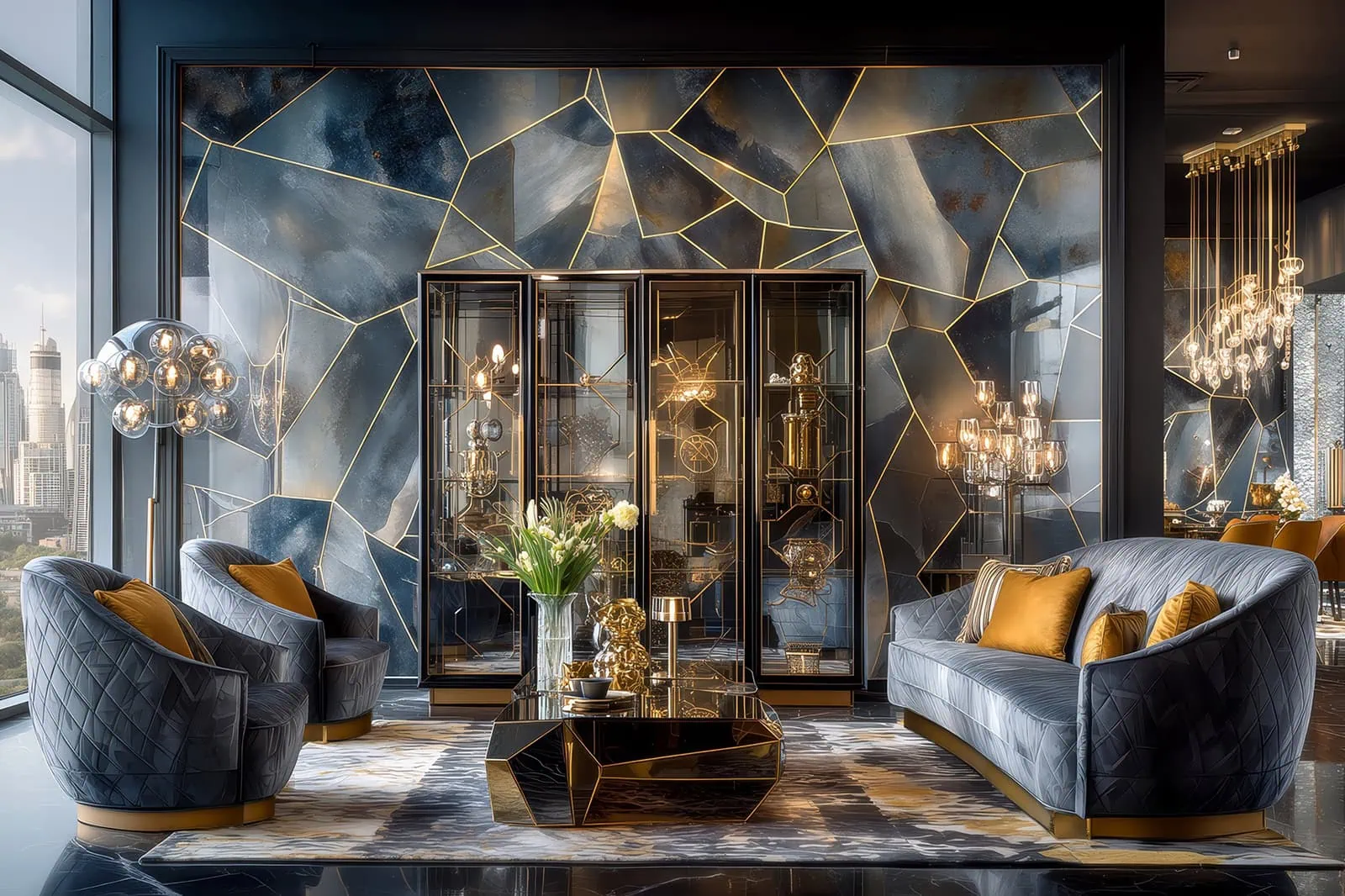 Luxury Art Deco living room with geometric black and gold wall design and velvet seating