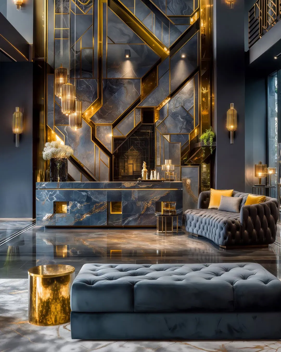 Luxury Art Deco interior lounge with black and gold geometric design and velvet seating