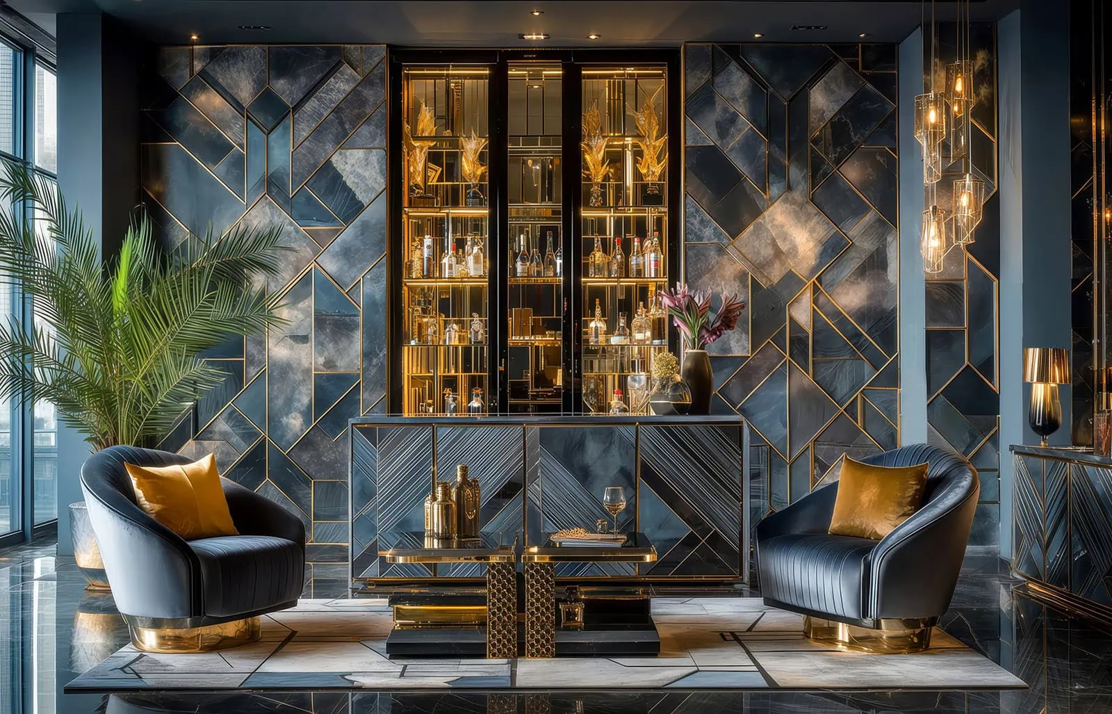Luxury Art Deco bar lounge with black and gold geometric wall design and velvet seating