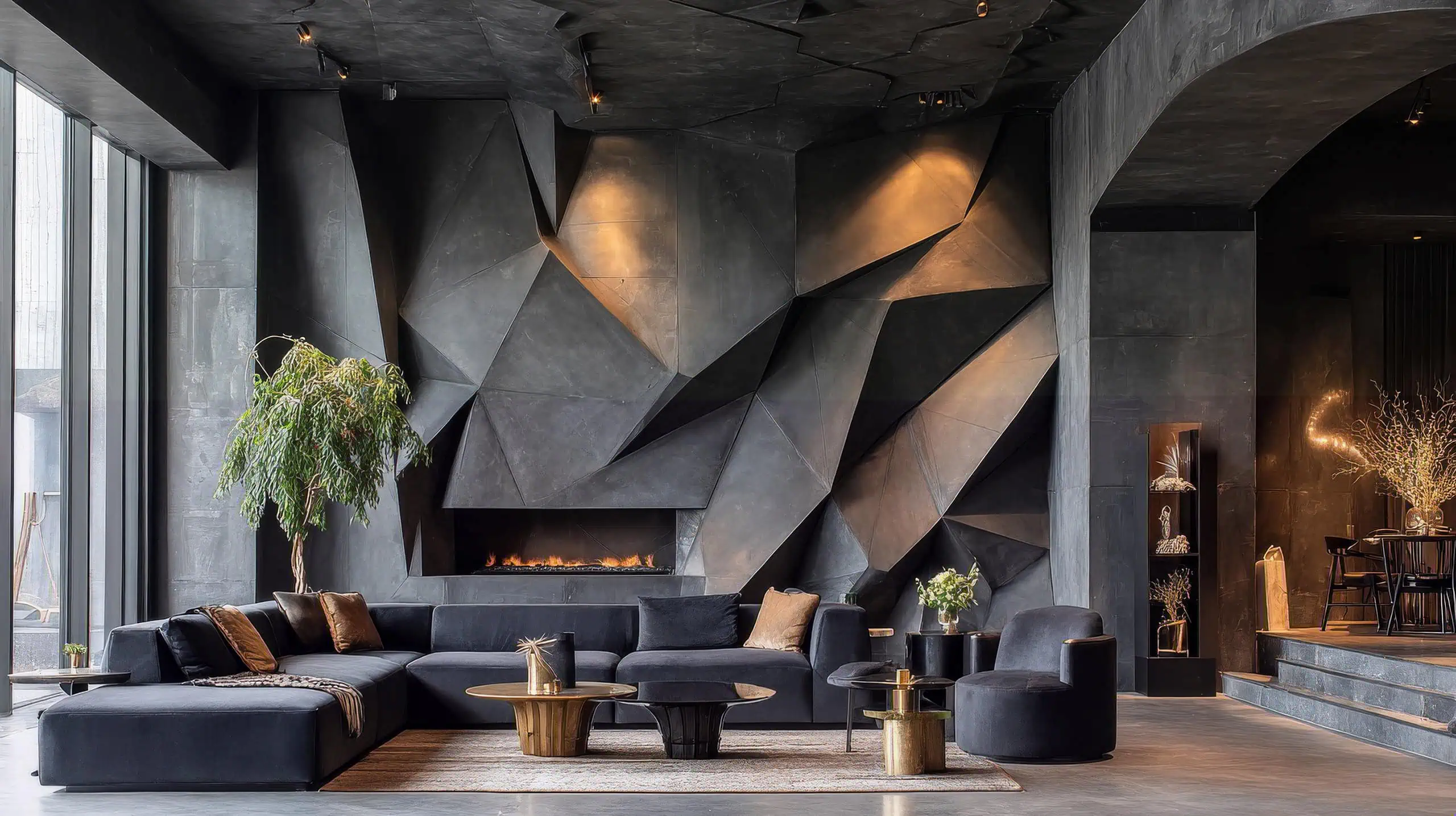 Monochrome Drama living room with sculptural geometric walls, modern fireplace, and charcoal-toned contemporary furniture.