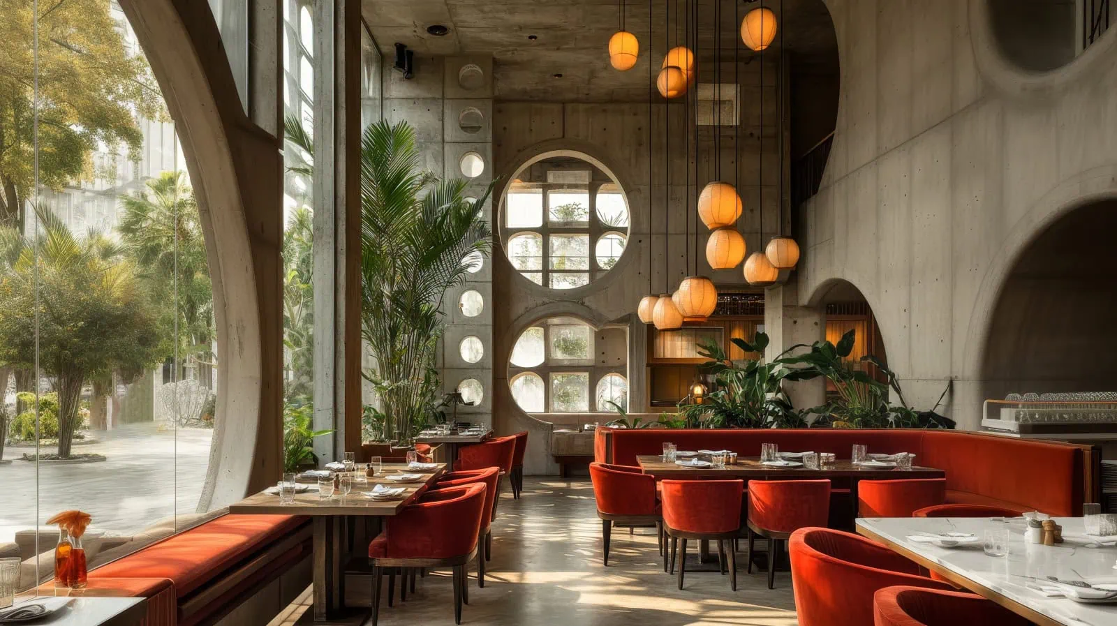 RED OASIS restaurant interior with sculptural concrete arches, red velvet seating and tropical natural light