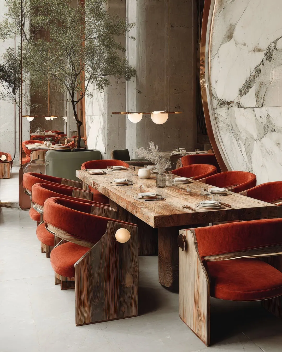 RED OASIS dining area with marble wall, handcrafted wood table and elegant red velvet restaurant seating