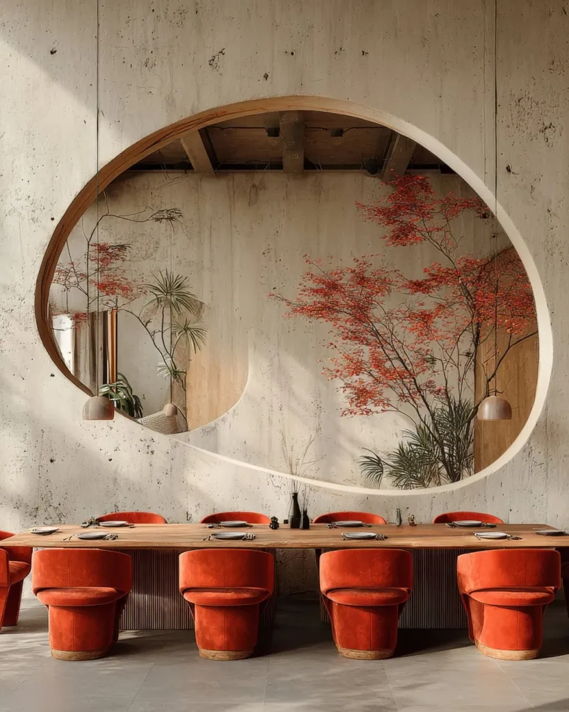 RED OASIS dining space with sculptural wall opening, minimalist concrete design and red velvet seating