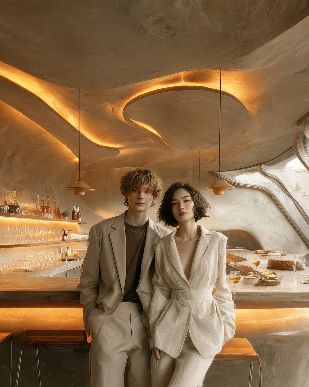 Elegant couple inside the Cosmic Cave resort lounge by Manon featuring organic architecture and sculptural ambient lighting