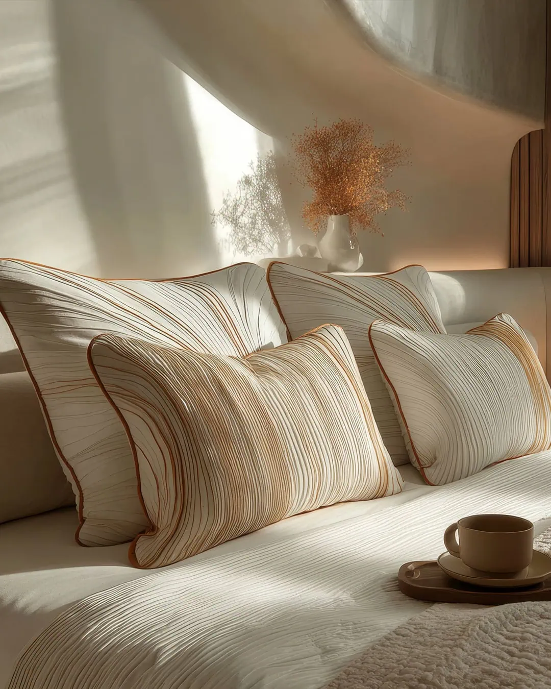 Sculptural organic bedroom detail from the Cosmic Cave collection by Manon with layered wall textures and warm natural tones