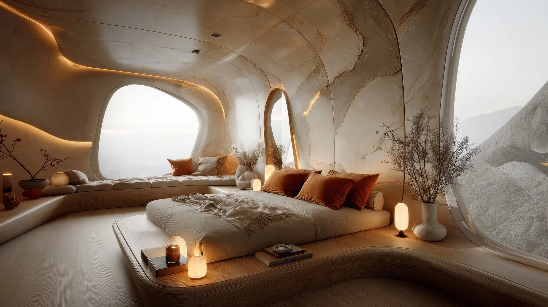 Futuristic organic bedroom retreat by Manon Ghiurco Interiors featuring sculptural cave-like interiors.