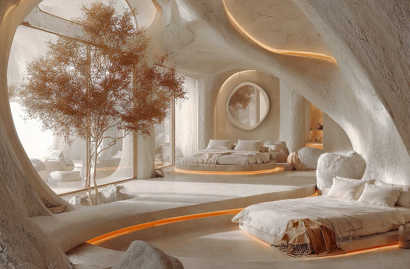 Organic sci-fi luxury bedroom, cave-like architecture, warm ambient lighting and minimalist resort aesthetics.