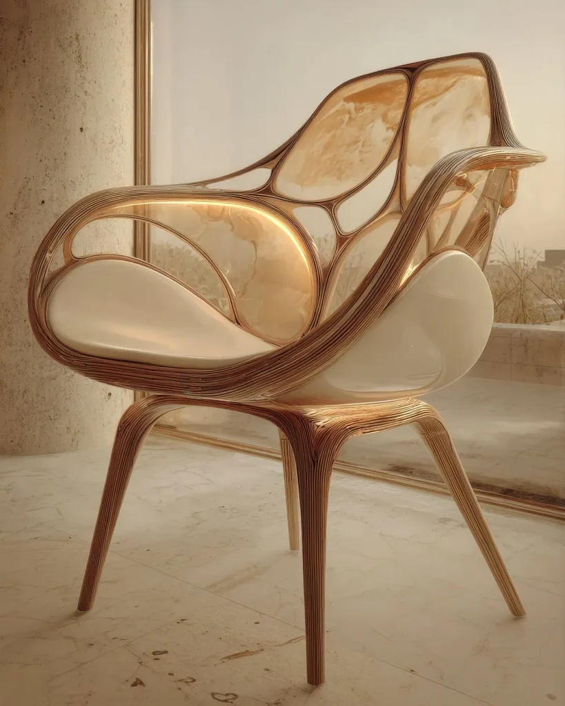 Sculptural organic lounge chair from the Cosmic Cave collection by Manon featuring fluid wood layering and futuristic craftsmanship