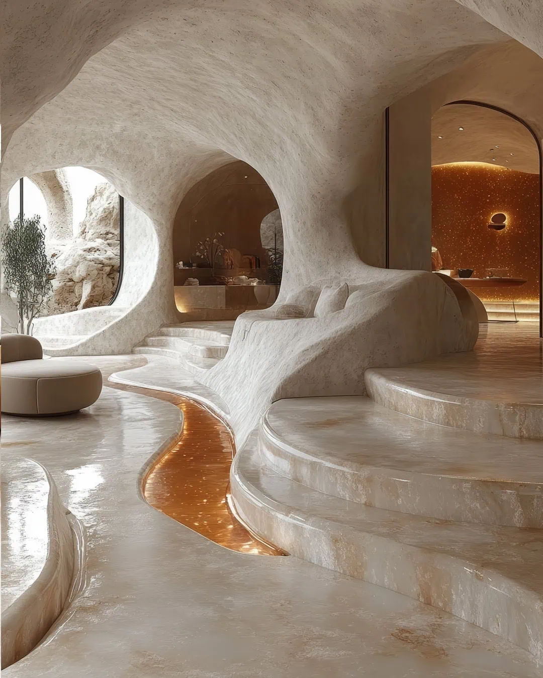 Organic spa-inspired interior from the Cosmic Cave collection by Manon with sculptural cave architecture and ambient flowing light