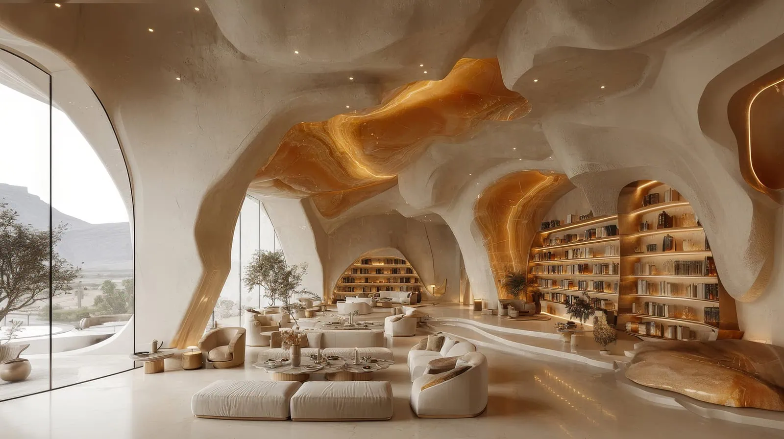 Immersive organic lounge interior from the Cosmic Cave collection by Manon with sculptural architecture, ambient lighting, and panoramic views