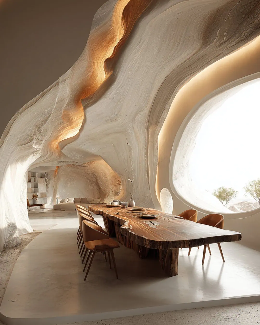 Organic luxury dining interior from the Cosmic Cave collection by Manon featuring sculptural cave architecture and a handcrafted natural wood table