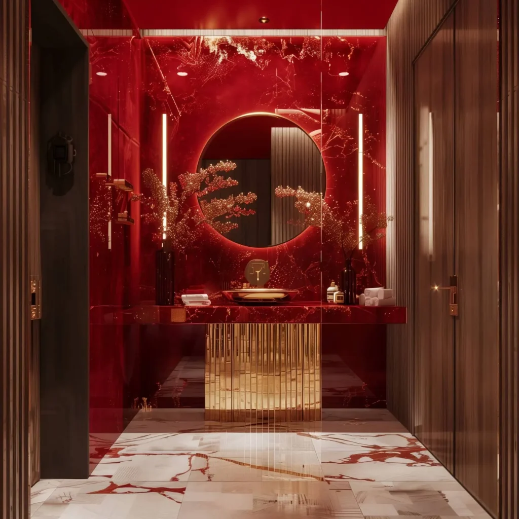 Luxury red glam bathroom with glossy crimson surfaces and gold accents