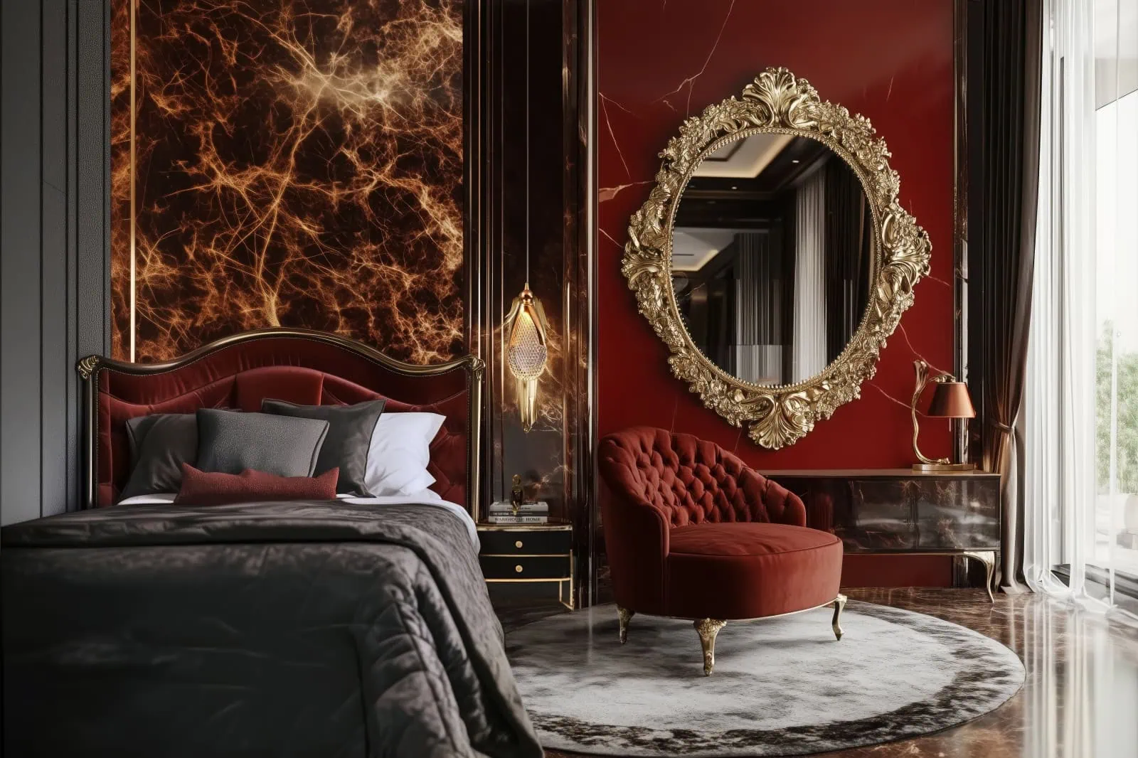Luxury red and black glam bedroom with gold mirror and velvet seating