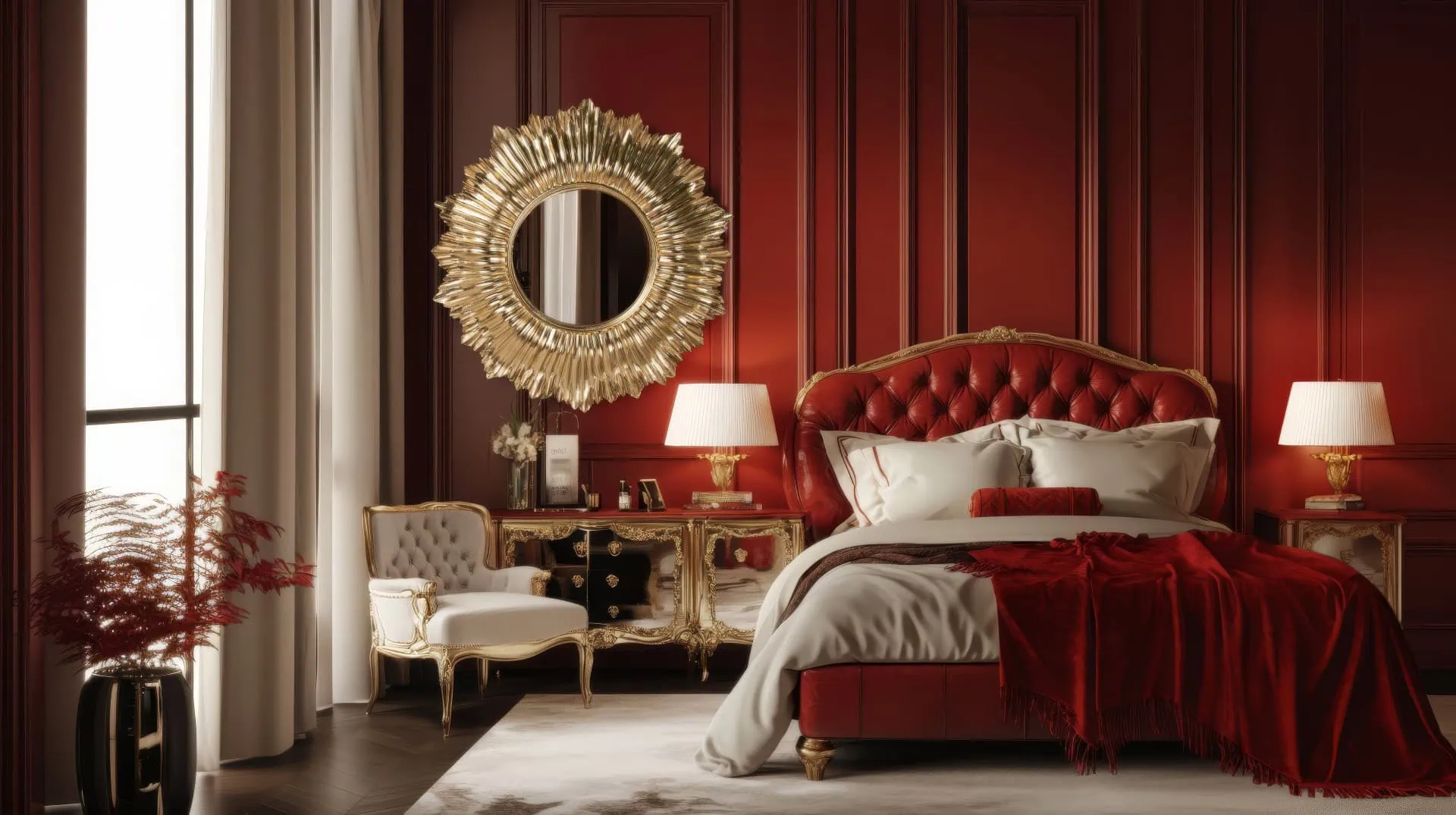 Luxury Red Glam bedroom with velvet bed, gold mirror and deep crimson wall panels
