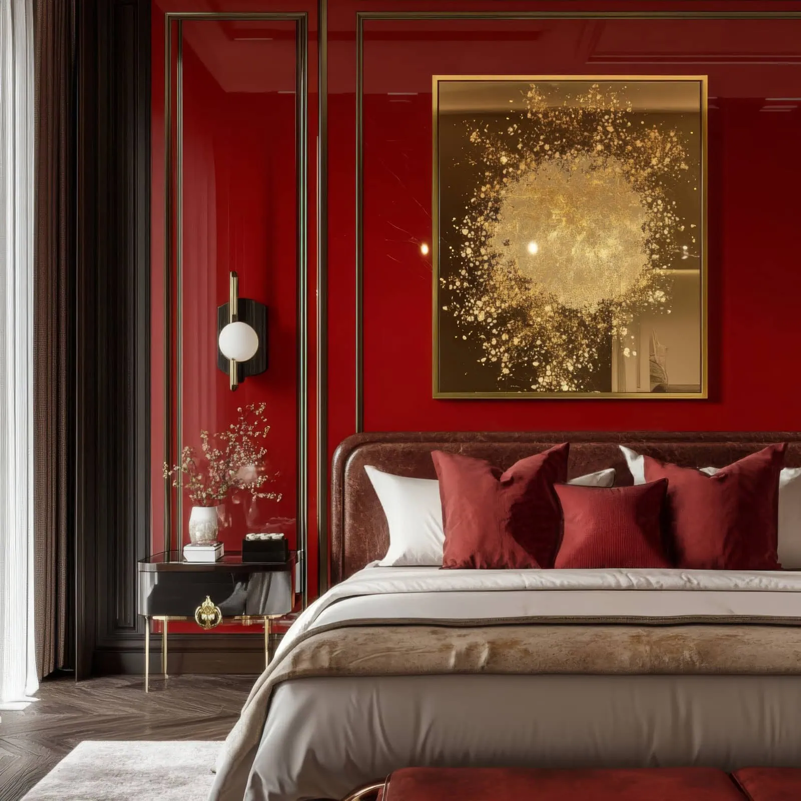 Luxury crimson red bedroom with glossy wall panels and gold artwork