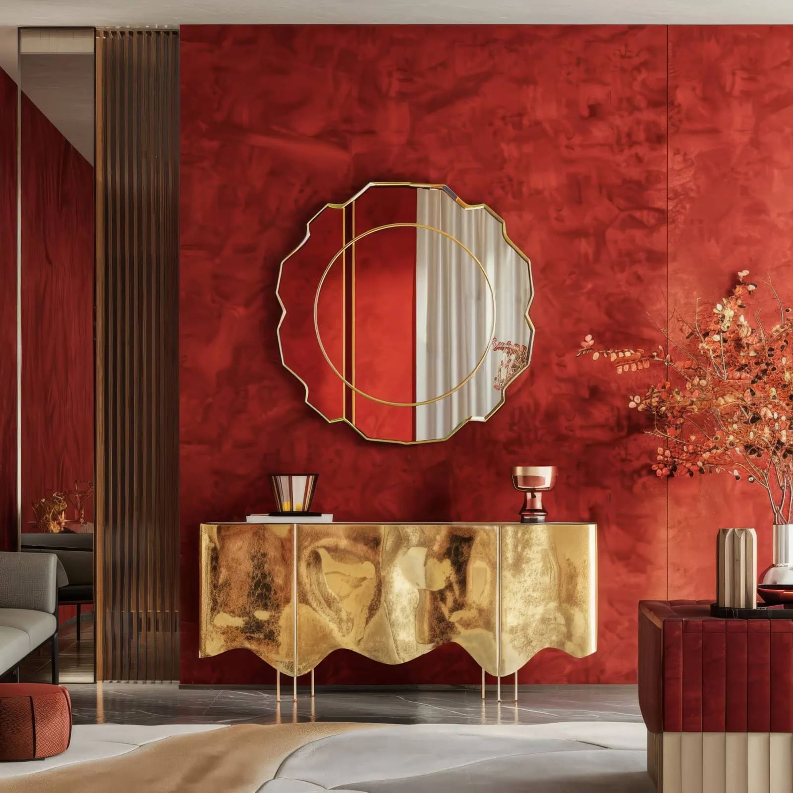 Luxury red glam interior with sculptural gold console and textured crimson wall