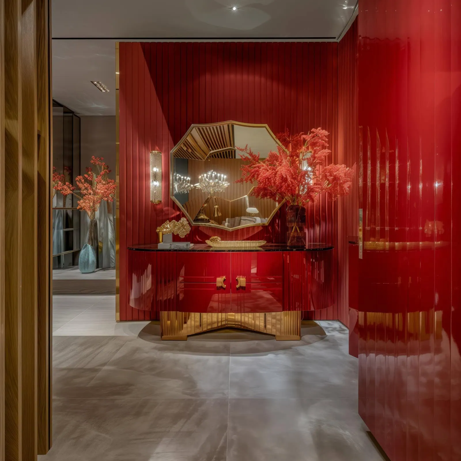 Luxury red glam lobby with glossy crimson panels and gold console detailing