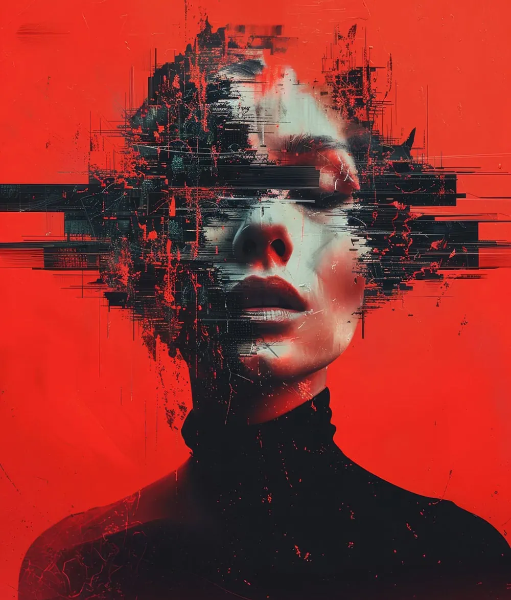 Abstract digital portrait in crimson red with glitch distortion and cinematic contrast